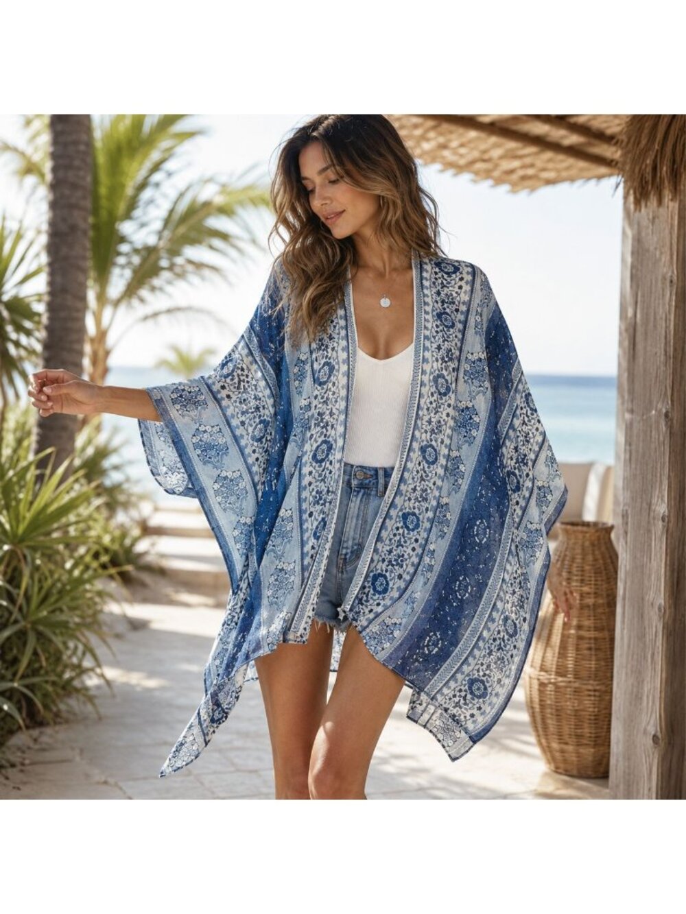 Moroccan Tile Floral Kimono Cover Up Blue Boho Draped Resort Beach Layer OS